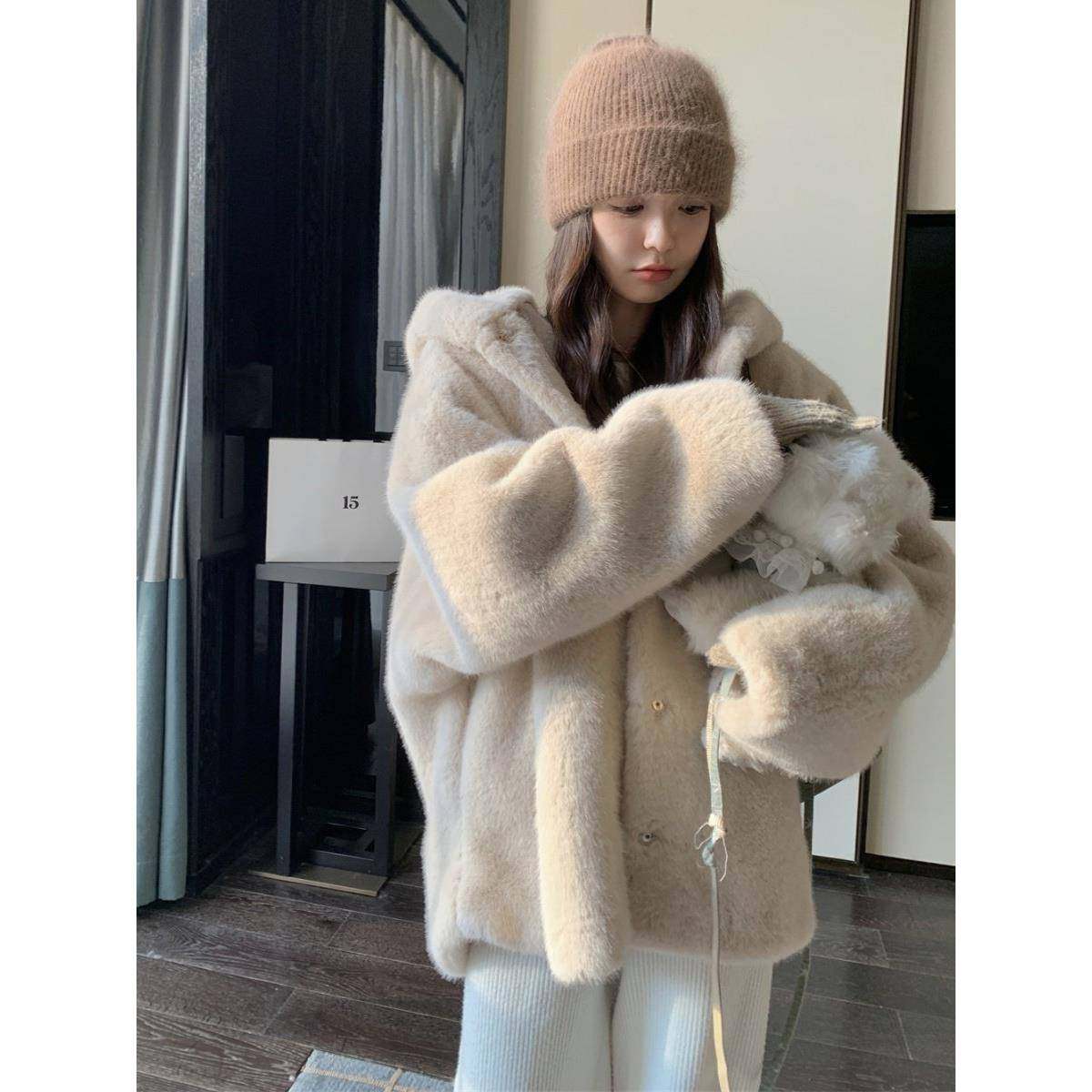 韩国2025冬新款环保皮草小白熊外套女中长款彷貂毛慵懒连帽大衣潮