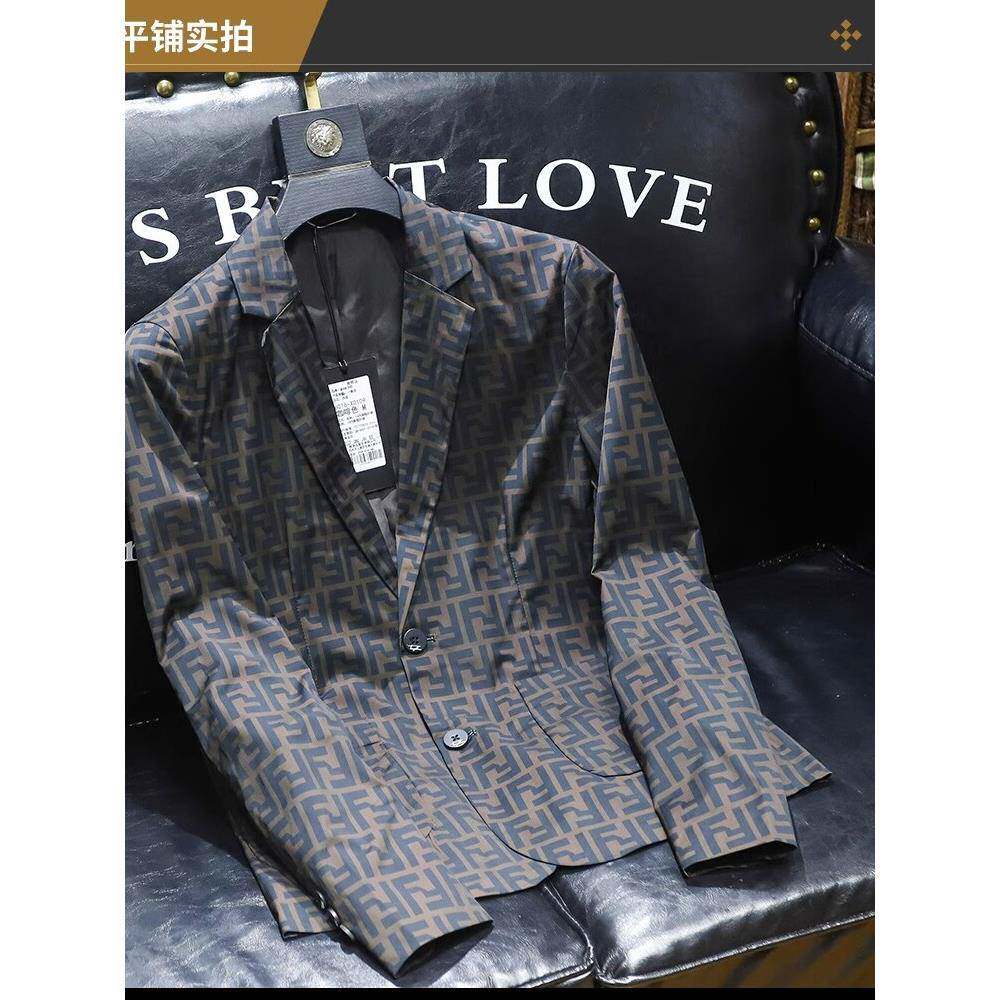 高端欧货字母印花棕色西服外套男春秋季欧洲站潮流修身西装领夹克