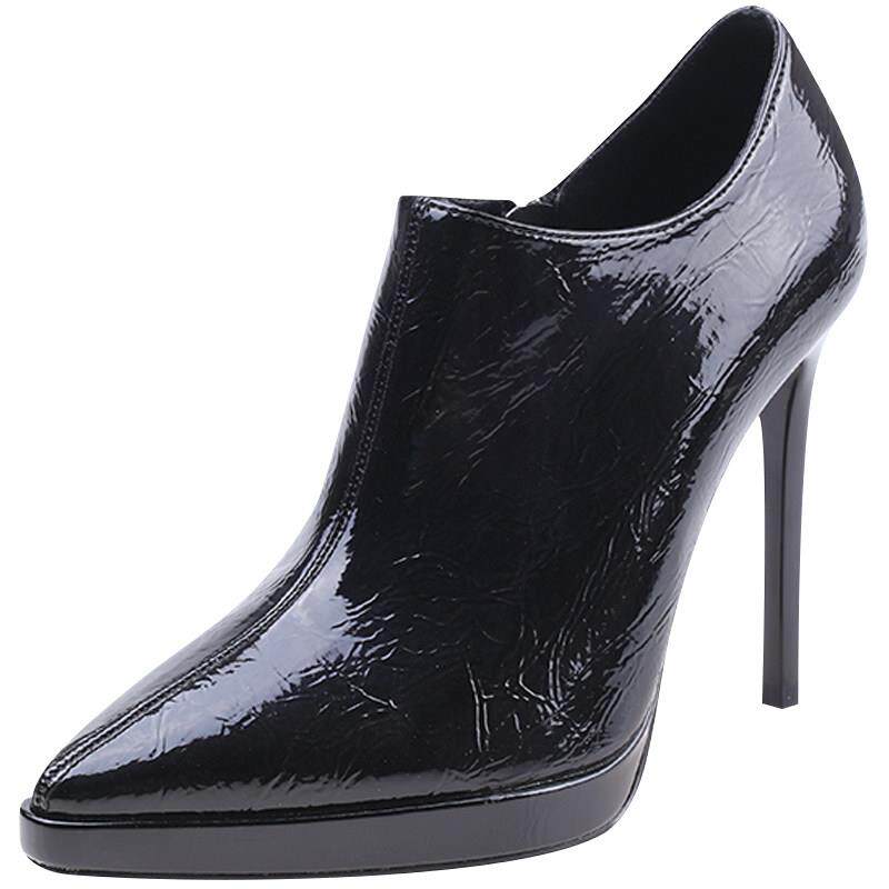 尖头短靴女高跟鞋细跟10cm秋冬防水台及踝靴真皮弹力瘦瘦靴子单靴