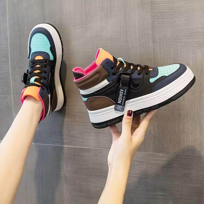 高帮鞋子女2025春秋新款ins潮真皮厚底板鞋爆款百搭加绒休闲女鞋