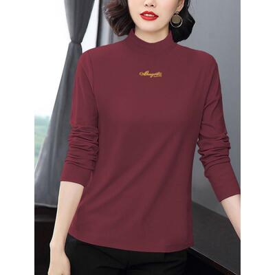 潮牌半高领纯棉打底衫女秋冬内搭可外穿修身妈妈秋衣长袖t恤上衣