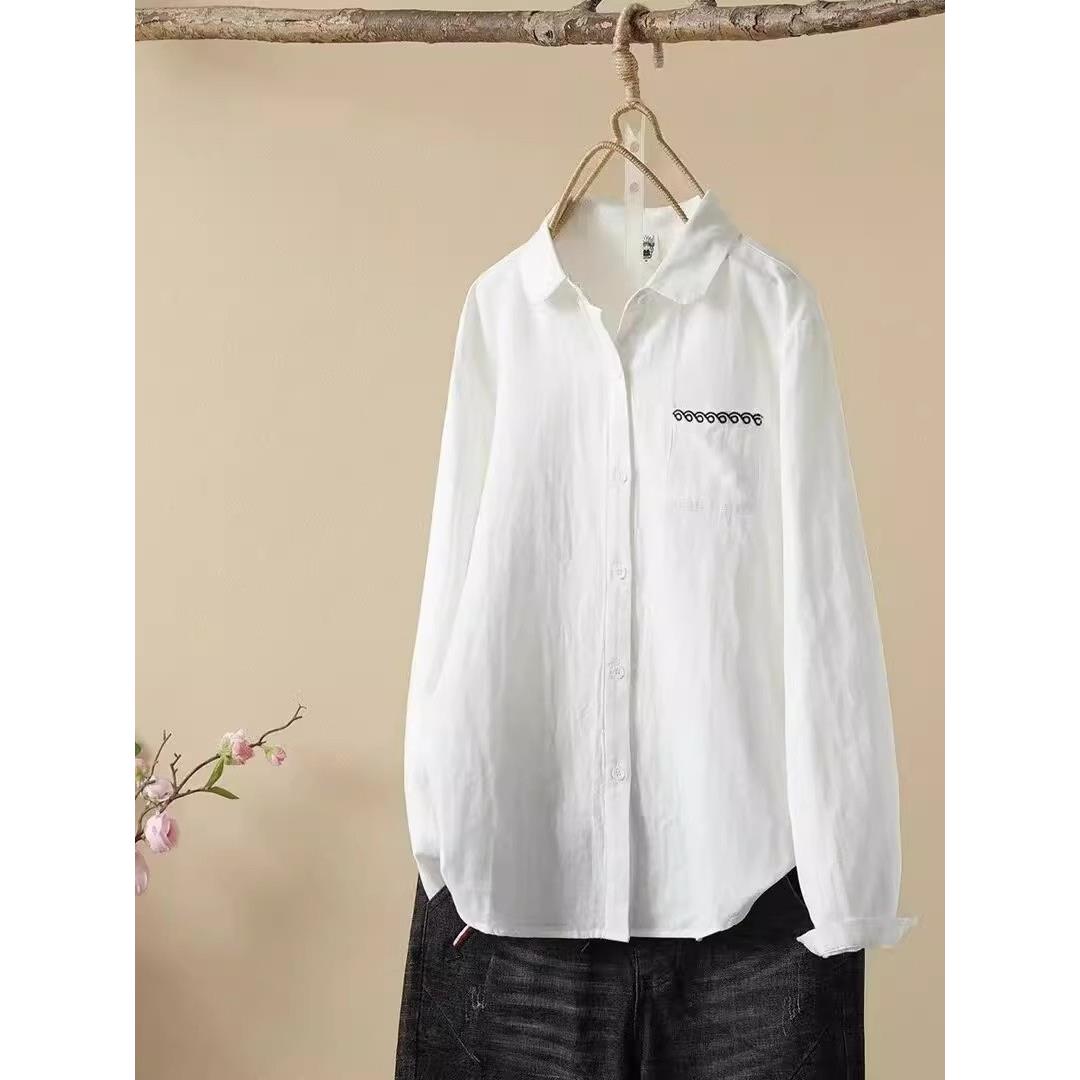 香港TIMO双层棉纱口袋小刺绣衬衫文艺简约女长袖小众色设计款上衣