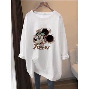 韩国遮屁股纯棉长袖t恤女2025春秋中长款宽松大码白色上衣打底衫