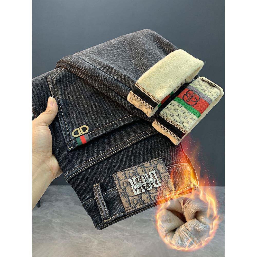 冬季潮牌加厚水洗牛仔裤男2025新款韩版潮流宽松加绒修身小脚长裤