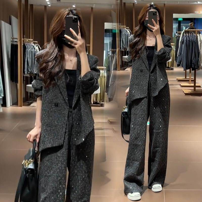 香港代购时尚套装女秋新款小香风洋气显瘦西服外套阔腿裤两件套潮