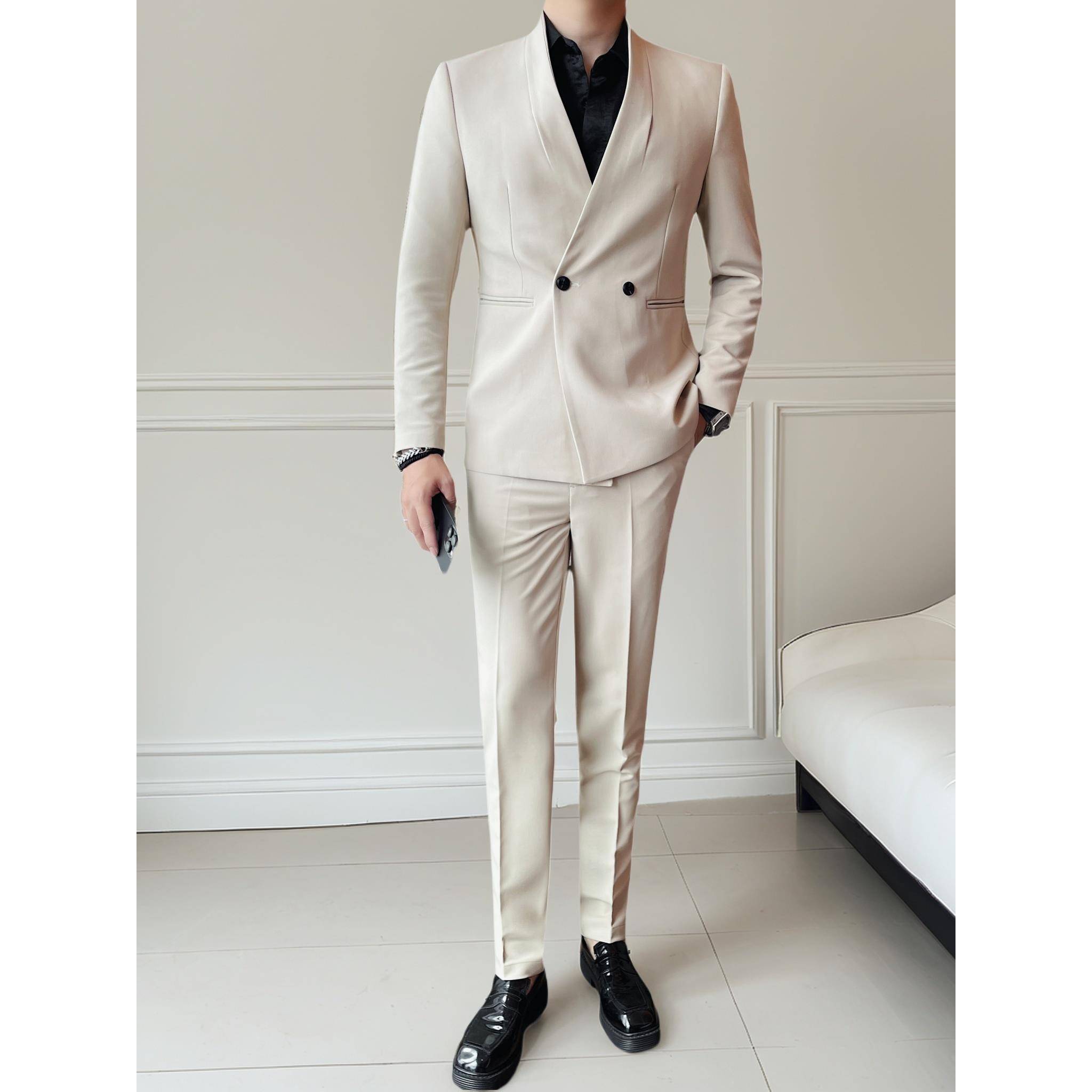 高端商务休闲西服套装男秋冬季新款青果领礼服韩版修身西装两件套