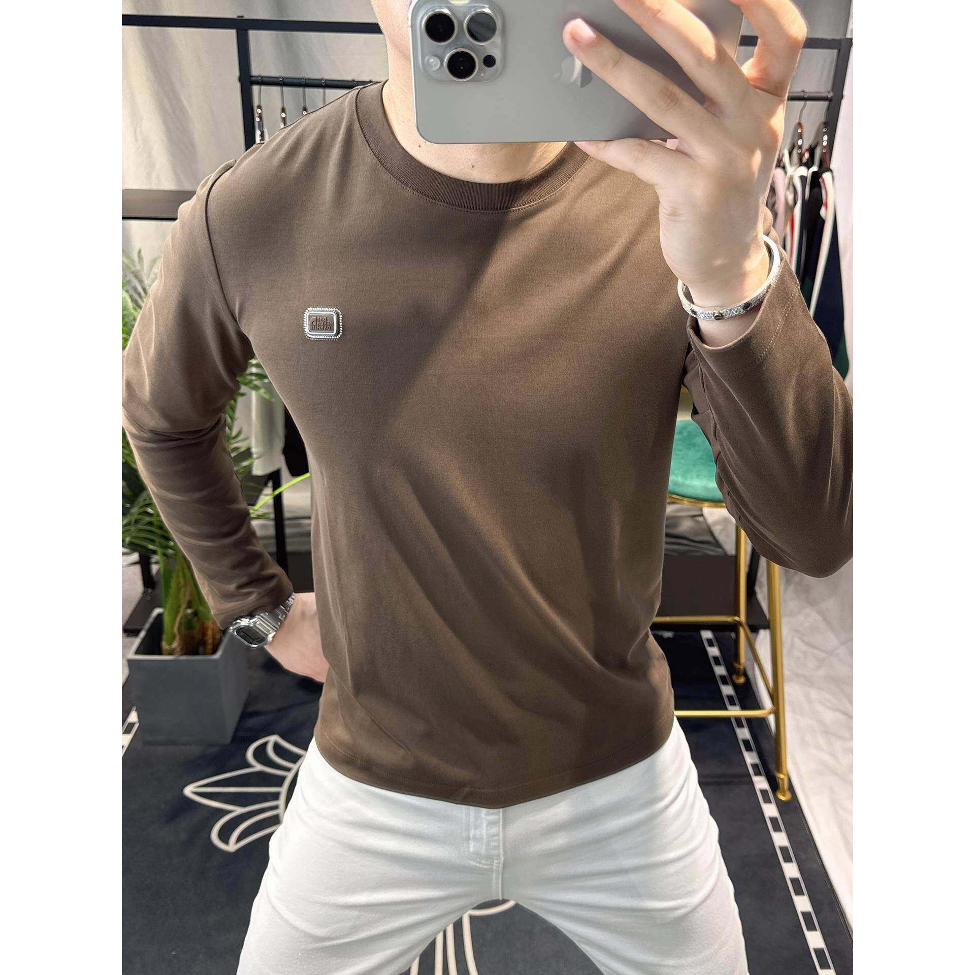 欧洲站潮牌烫钻长袖t恤男秋冬薄款高端潮流简约圆领修身打底衫潮