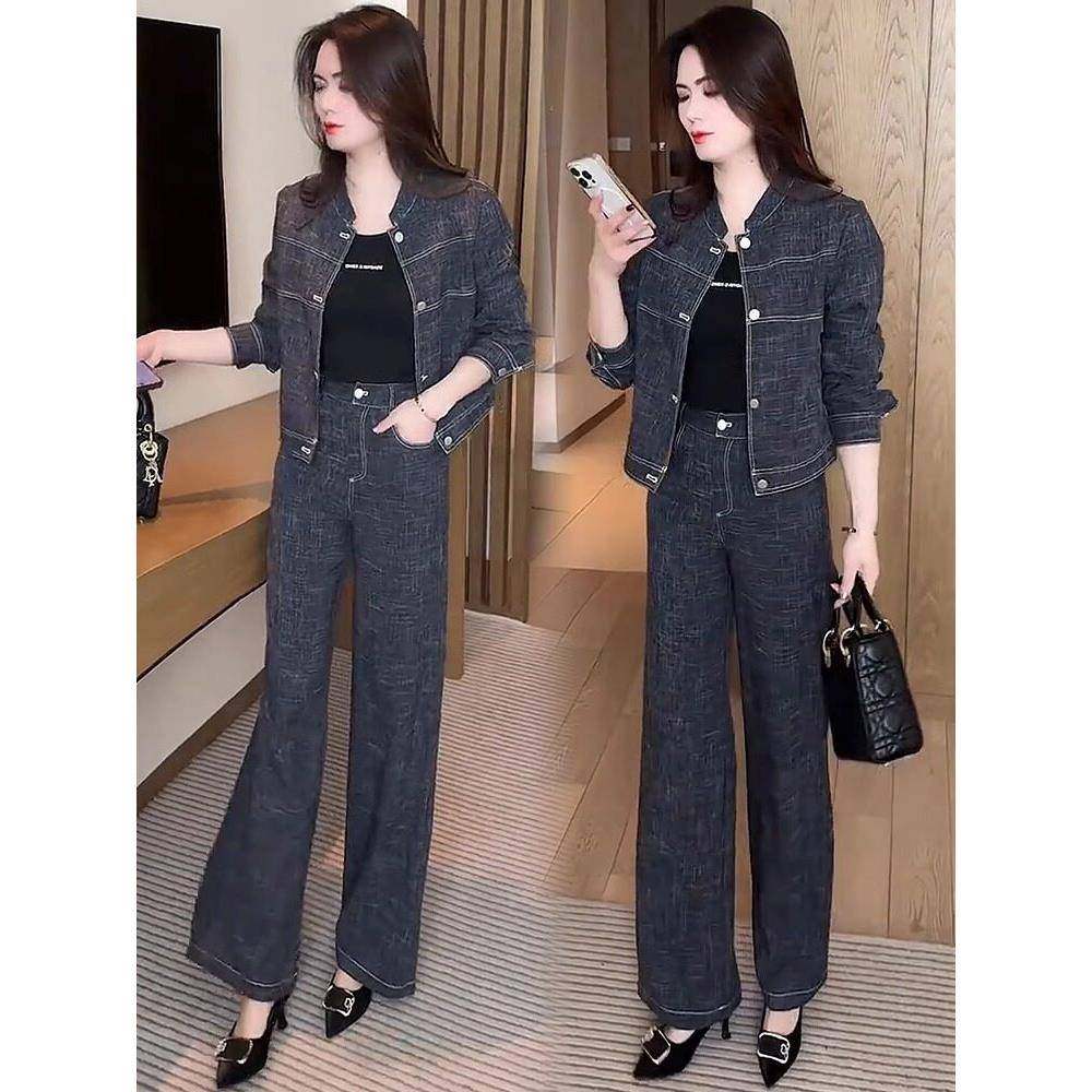 香港代购时尚套装女春季新款显瘦小个子百搭短外套阔腿裤两件套潮