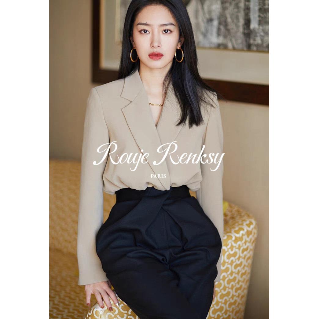 法国Rouje Renksy明星同款气质连身西装领衬衫高腰西装裤套装女