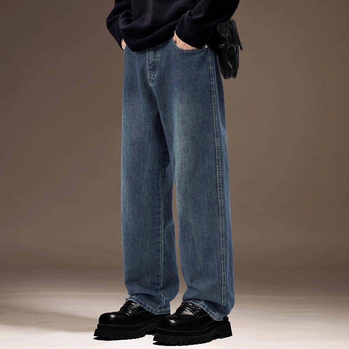 palm city高端美式复古牛仔裤男士春季宽松直筒大码休闲阔腿长裤