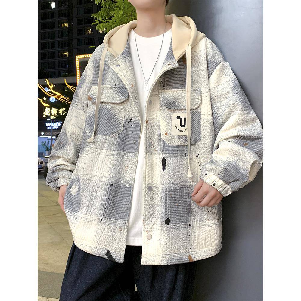 覆古工装撞色格子外套男款秋冬季加棉加厚连帽棉衣青少年帅气夹克