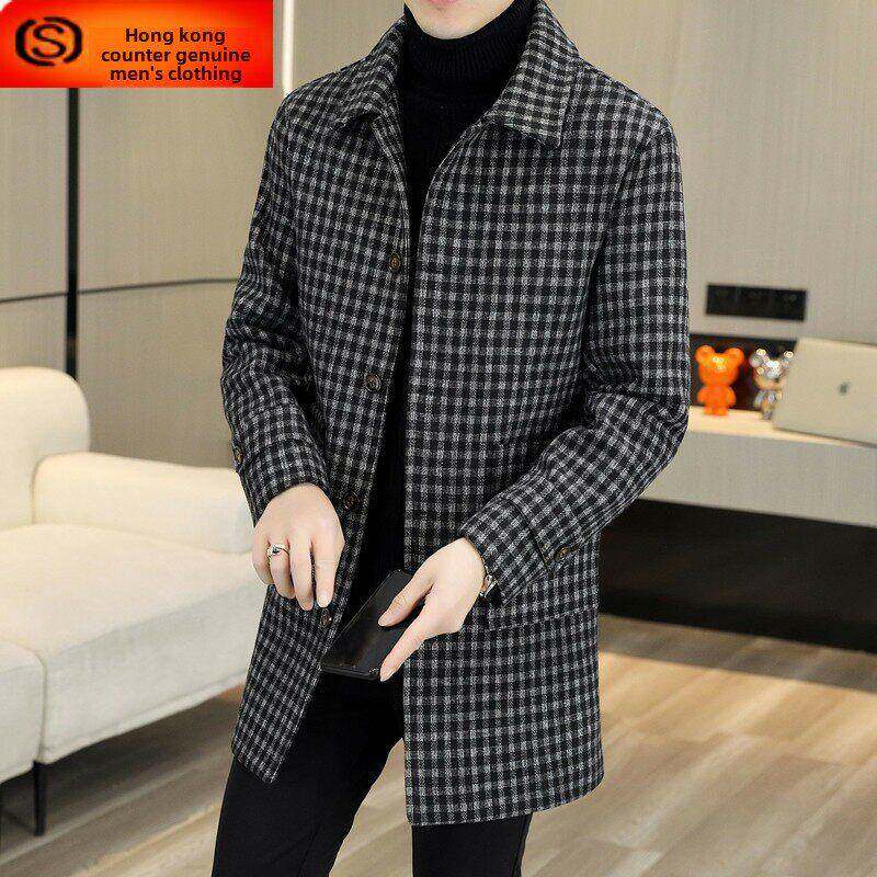 羊绒大衣男中长款2025新款秋冬季格子加棉加厚毛呢子风衣男士外套
