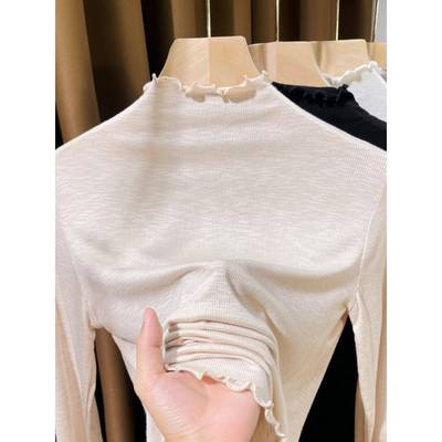 韩国木耳边针织打底衫女秋冬半高领薄款紧身上衣毛衣叠穿内搭小衫
