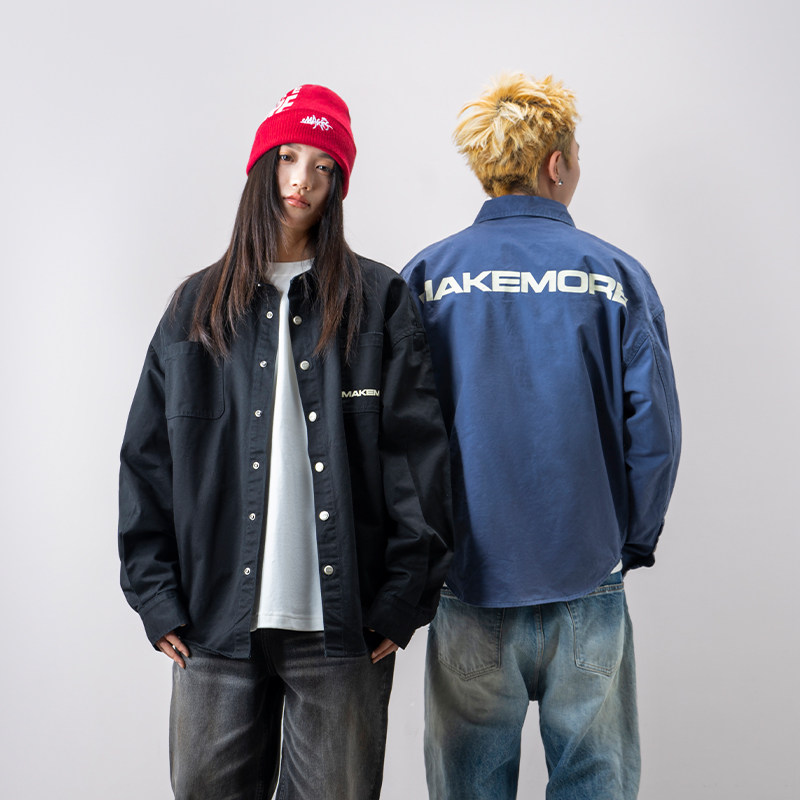 Makemore衬衫男*长期主义高级纯棉休闲黑色美式重磅复古情侣外套