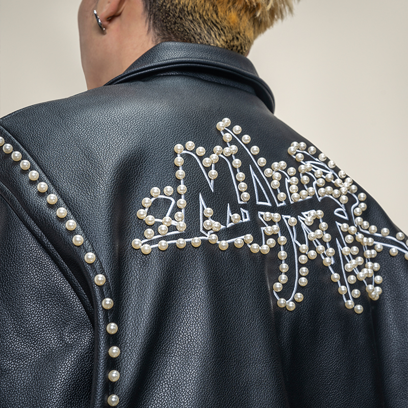 Makemore珍珠刺绣pu皮夹克外套男