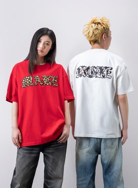 Makemore短袖男*豹纹毛毡刺绣哥特字母纯棉高级美式红色情侣t恤女