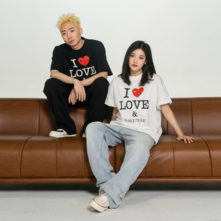 情侣上衣女 爱心白色纯棉高级宽松黑色美式 Makemore短袖 t恤男新款