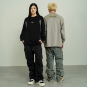 Makemore长袖 复古重磅宽松休闲上衣女 拼接刺绣美式 T恤男春季 新款