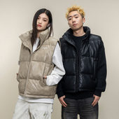 Makemore羽绒马甲男新款 复古宽松立领休闲外套女 重磅pu质感黑美式