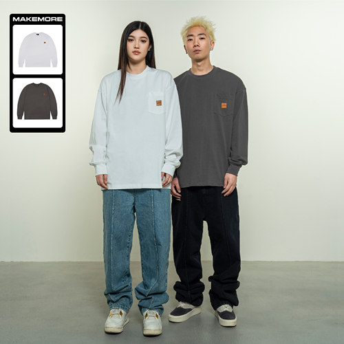 长袖白色胸口口袋休闲t恤