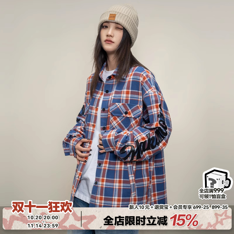 Makemore红蓝格子复古贴皮绣衬衫