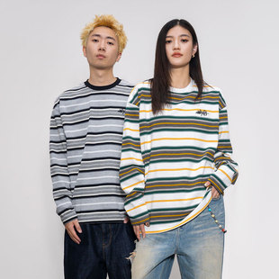 上衣女 松弛感撞色条纹纯棉宽松复古情侣装 Makemore长袖 t恤男新款