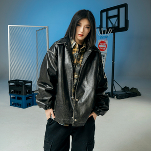 高级复古PU擦色刺绣翻领情侣廓形夹克上衣 Makemore皮衣外套男新款