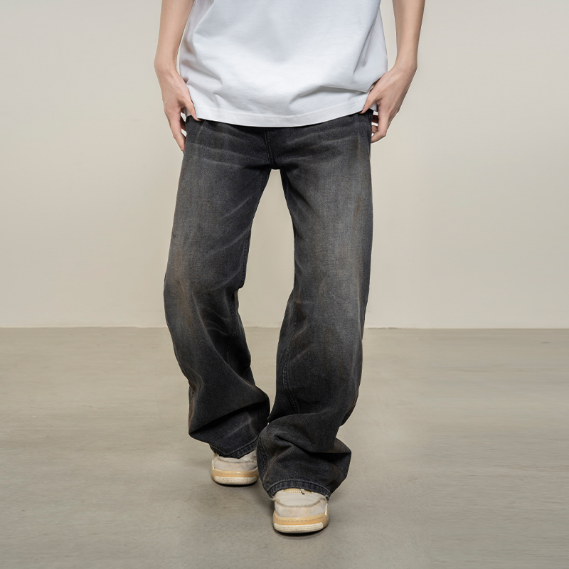 Makemore擦脏美式宽松牛仔长裤男