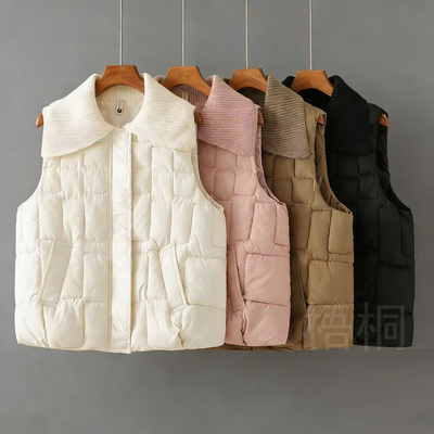 翻领棉马甲女短款毛线领棉马夹韩版宽松外套2025秋冬季新款棉坎肩