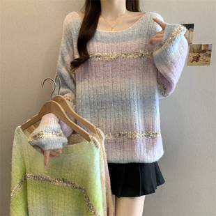 女 实拍2025秋季 新款 胖MM大码 遮肚拼色绝美套头宽松减龄针织衫