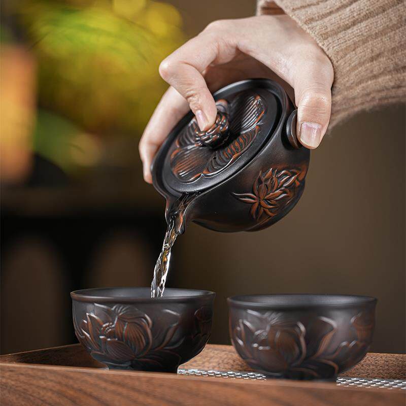 原矿紫陶茶壶全手工浮雕爱莲说手抓壶中式功夫茶具一壶两杯礼盒装