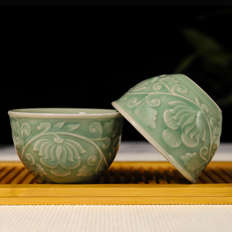 青秘耀州窑青釉富贵招财杯半手工陶瓷茶杯主人杯功夫茶具杯小茶碗