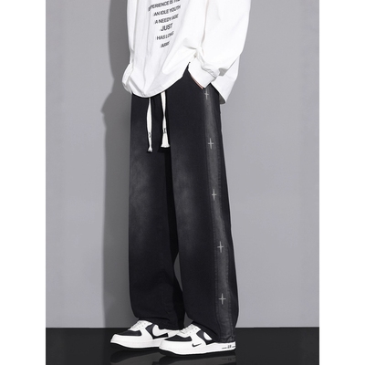 潮牌季水洗做旧牛仔裤子男孩初中高中学生青少年大童男装直筒长裤