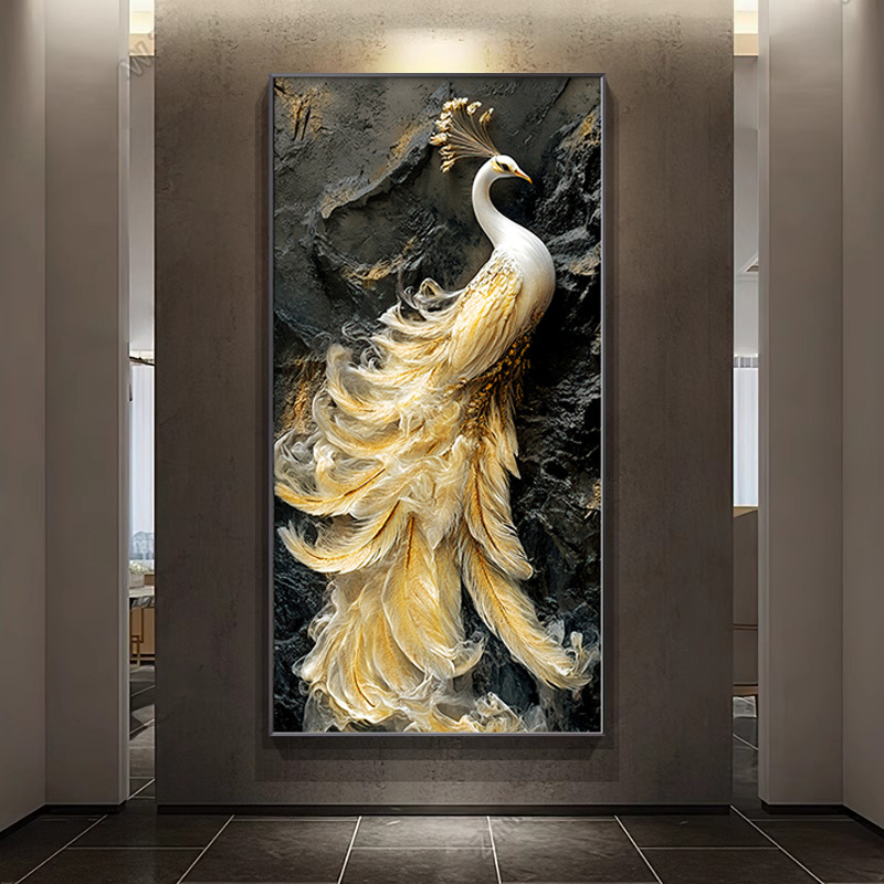 进口新品孔雀入户玄关装饰画轻奢高级感浮雕立体挂画走廊过道壁画图片
