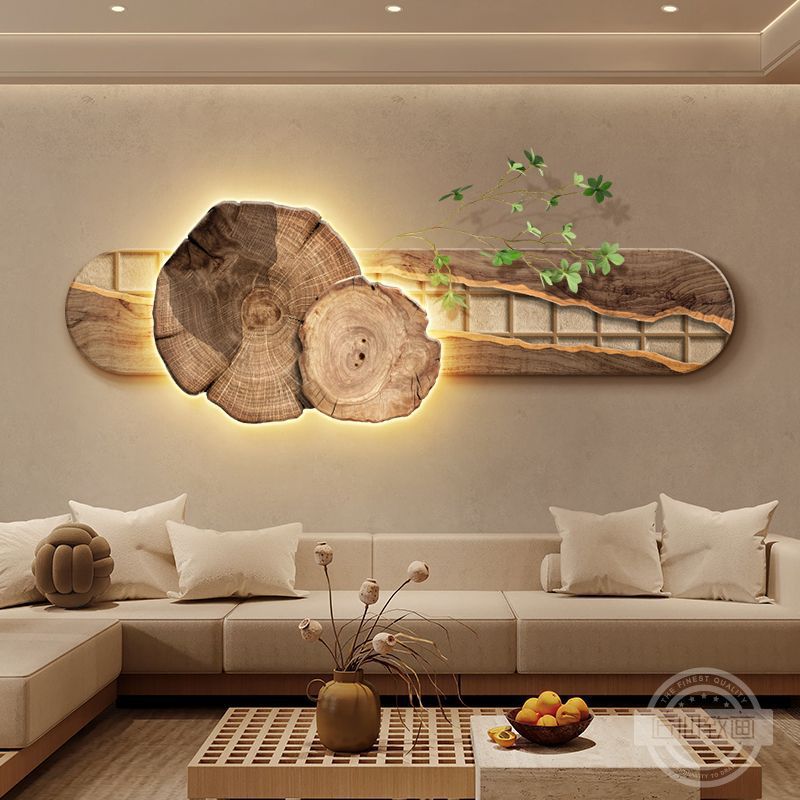 进口新品侘寂原木风客厅装饰画高级感沙发背景墙挂画抽象立体灯画