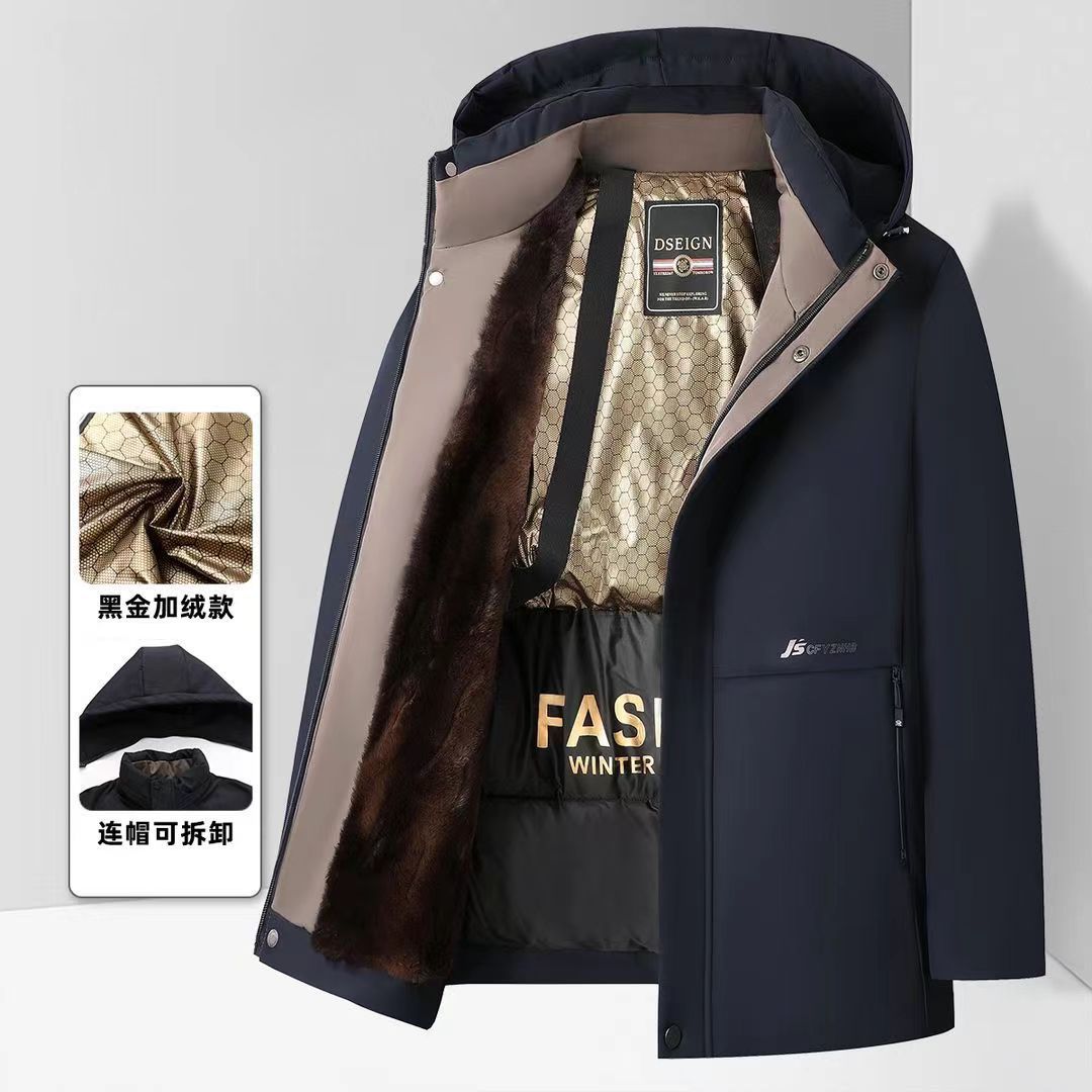 送家人黑金中长款棉衣男款季休闲加厚保暖中老年爸爸羽绒棉服外套