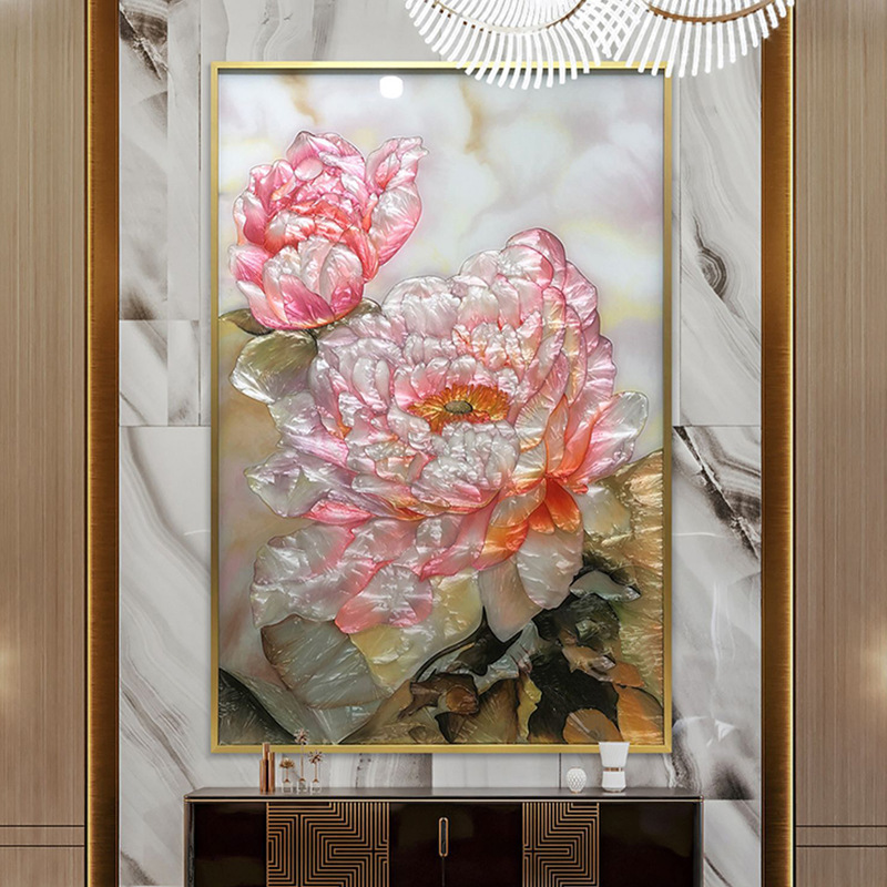进口新品手绘珐琅彩装饰画新中式立体玄关轻奢挂画餐厅背景墙壁画图片