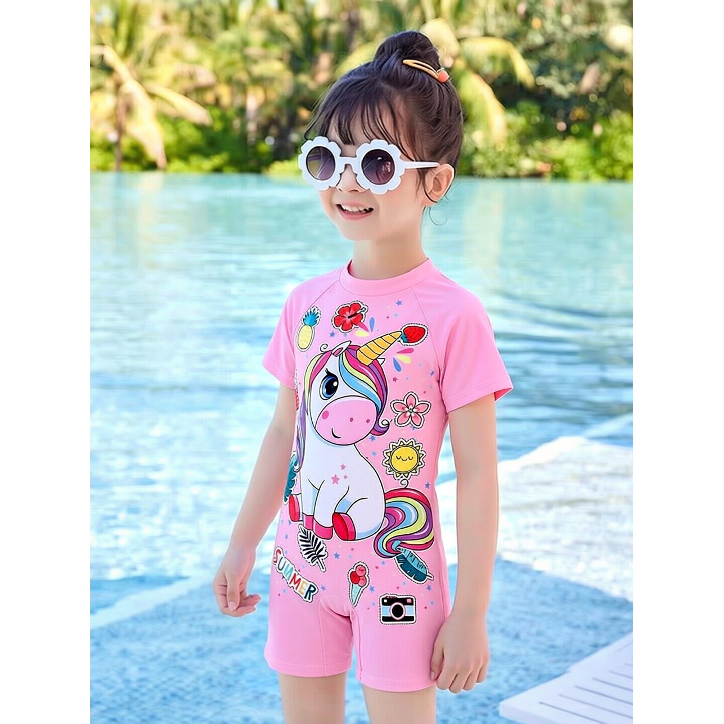 德国儿童泳衣短袖卡通中小童夏季泳游女童连体短袖沙滩套装女孩