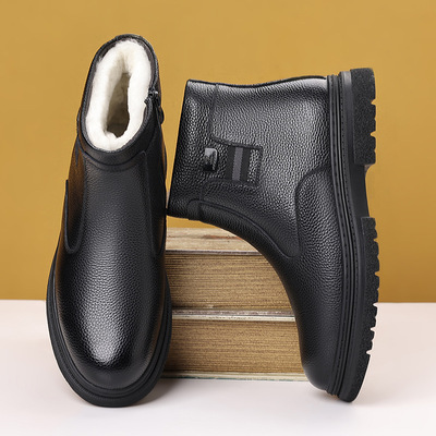 欧洲站头层牛皮季新款棉鞋高帮羊毛保暖靴子真皮加绒男款皮鞋男鞋