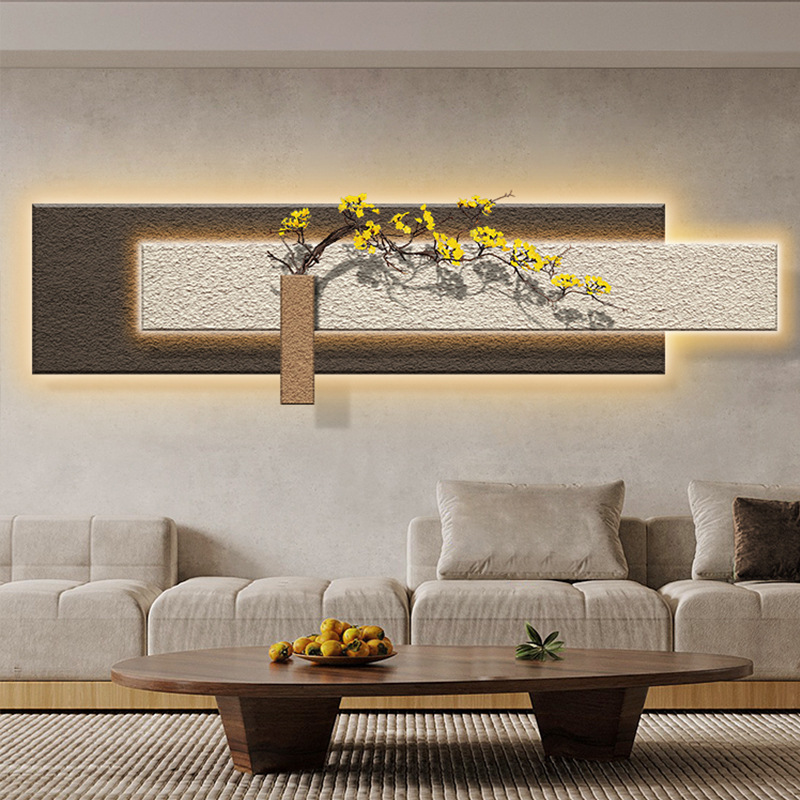 进口新品侘寂风客厅装饰画横版长条绿植沙发背景墙挂画立体砂岩卧