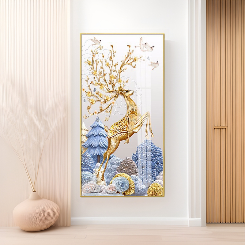 进口新品玄关入户客厅装饰画福禄走廊尽头挂画北欧麋鹿竖版沙发背图片