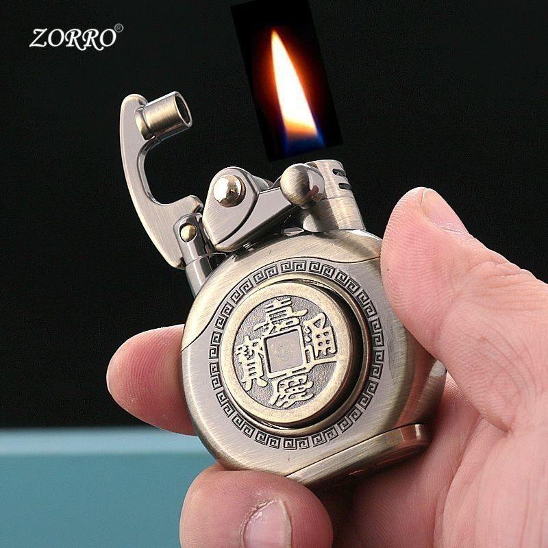 佐罗如意瓶煤油打火机620青铜拉丝摇臂铜钱转盘赚大钱个性送男友