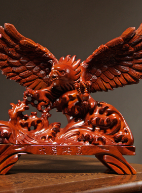 花梨木雕刻老鹰摆件实木大展宏图雄鹰客厅办公桌面装饰红木工艺品