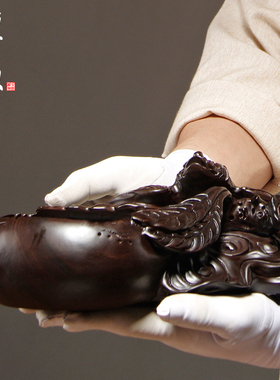 黑檀木雕蝙蝠烟灰缸摆件红木雕刻福到实木家居客厅摆设送礼工艺品