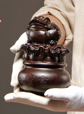 黑檀木雕金蟾聚宝盆摆件家居客厅装饰店铺公司开业送礼红木工艺品