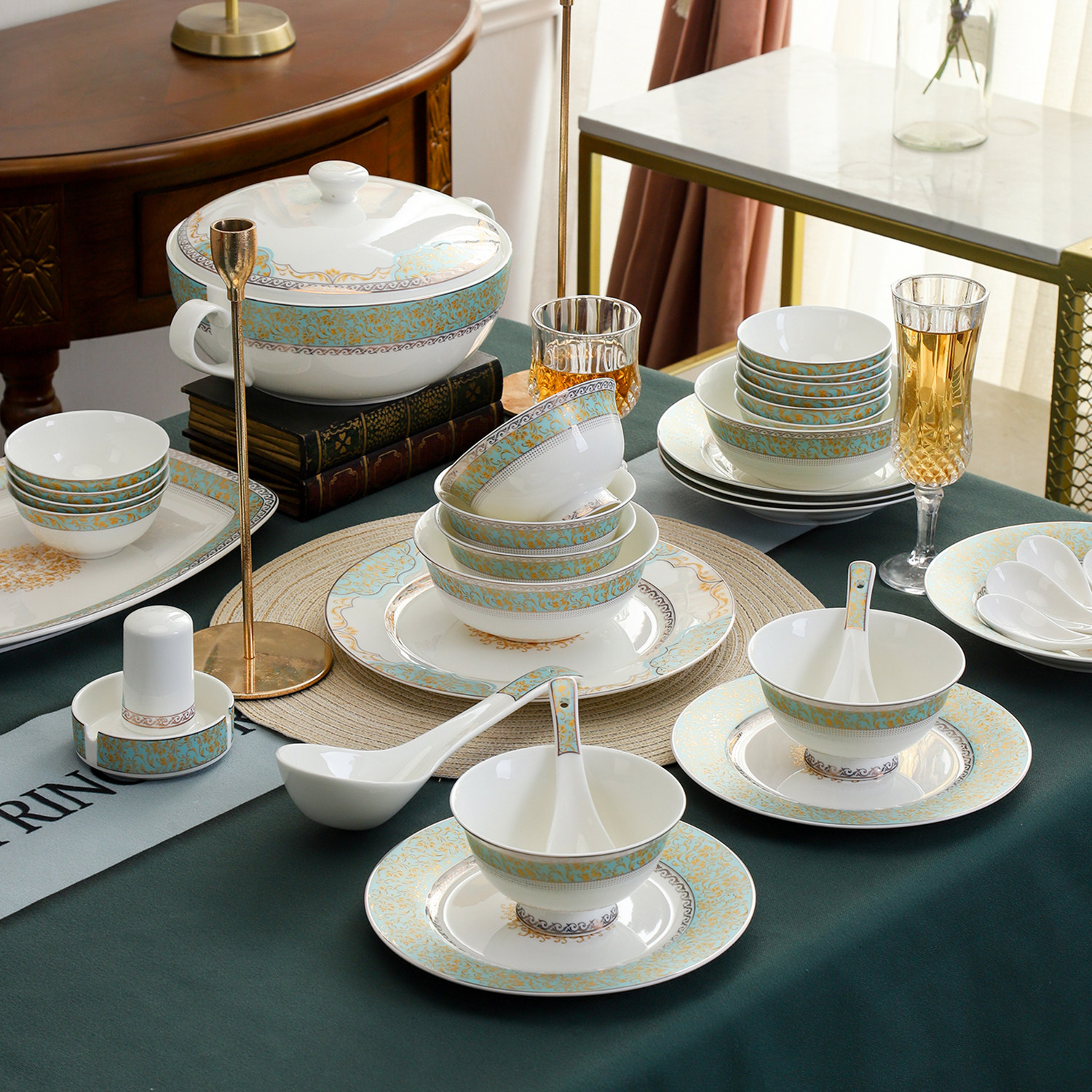 碗碟套装家用简约盘子景德镇正品真骨瓷餐具欧式碗盘组合金凤翎,餐饮具,碗,淘宝优惠券,粉丝福利购,淘宝优惠卷