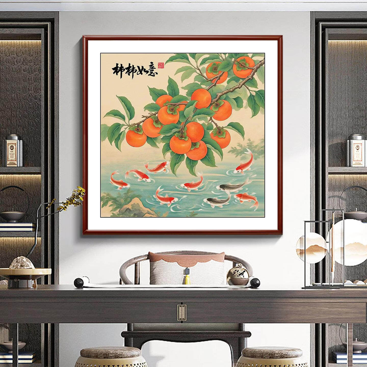 新中式国画挂画多子多福柿柿如意平安富贵多款玄关客厅实木装饰画