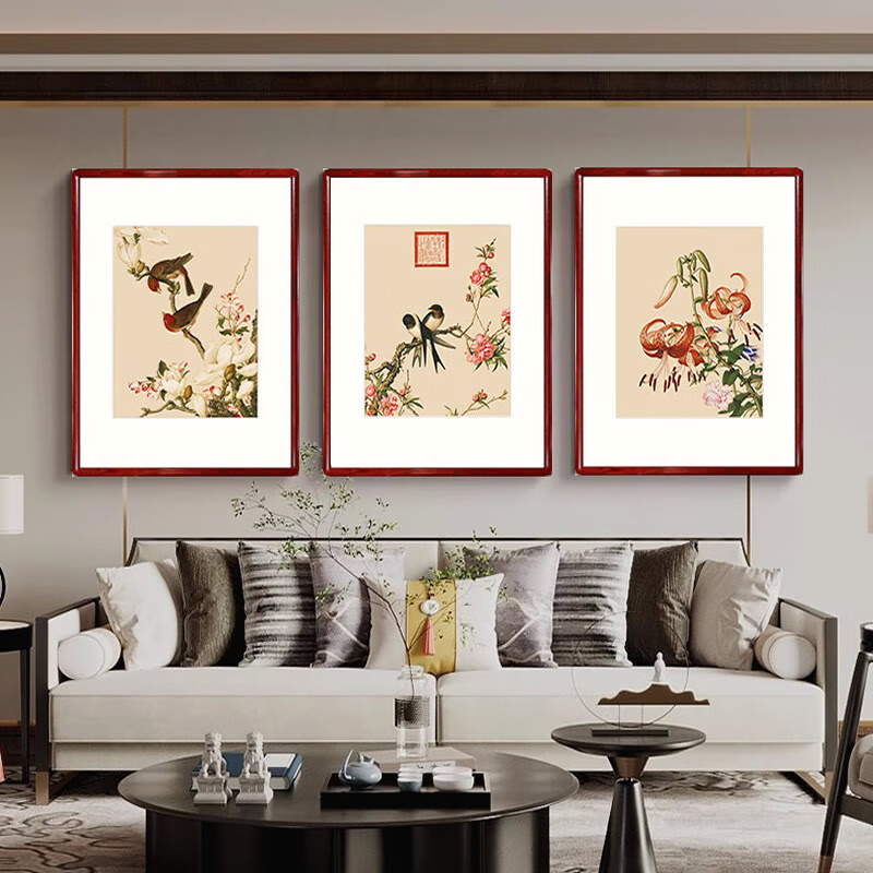 新中式三联挂画郎世宁花鸟张大千现代装饰画
