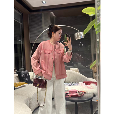 美一MEIYI土耳其进口绵羊皮反绒皮渐变粉圆领宽松款真皮夹克外套