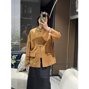 美一MEIYI进口绵羊皮复古反绒皮国风系列真皮新中式宽松款皮衣女